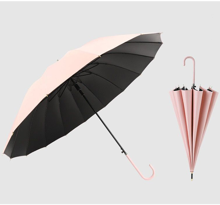 Auto Open 16K Straight Windproof UV Protection Straight Black Coated Walk Stick Umbrella With Hook Handle Stick Umbrella