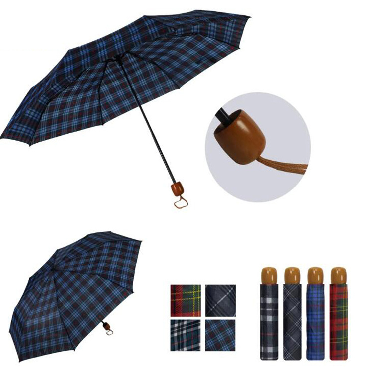 High Quality Supplier Elegant Practical Manual Steel Woman and Man Wooden Handle 3 Folding Umbrella For Rain