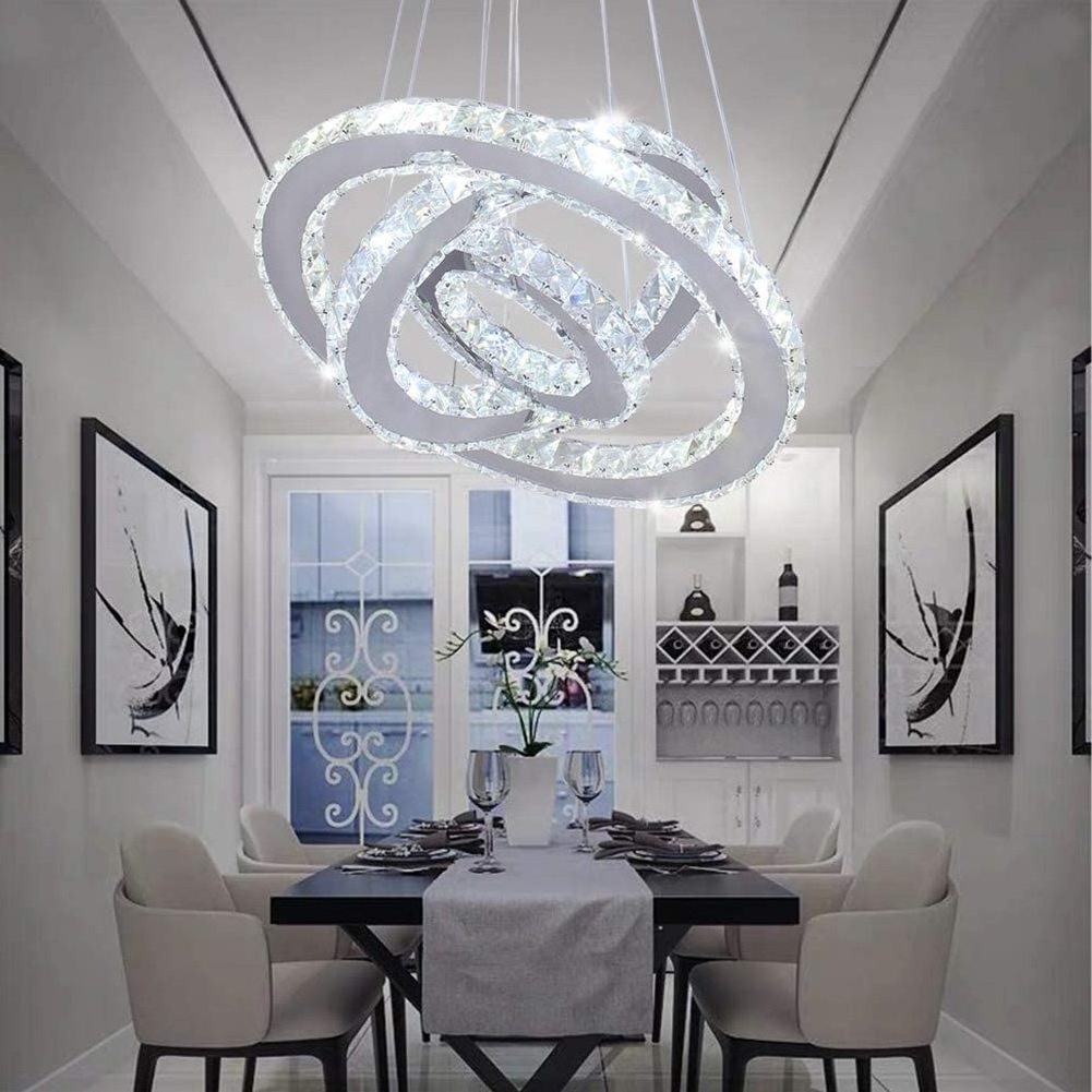 Modern LED Crystal Ceiling Lighting Fixture 3 Rings Adjustable Stainless Steel Dining Room Chandelier