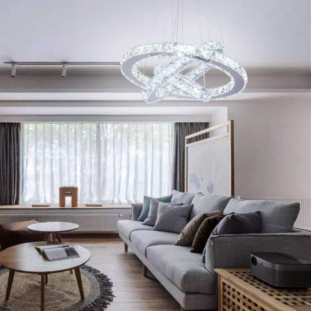 Modern LED Crystal Ceiling Lighting Fixture 3 Rings Adjustable Stainless Steel Dining Room Chandelier