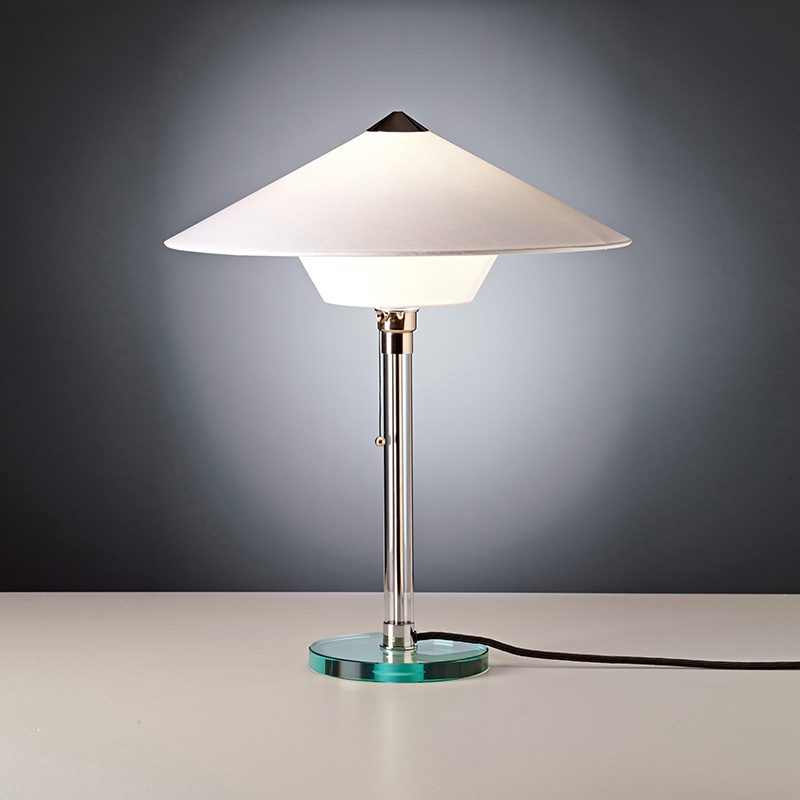 Wagenfeld 27 Table Lamp Made of Nickel-Plated Metal, Glass Shaft Base,Cardboard Shade