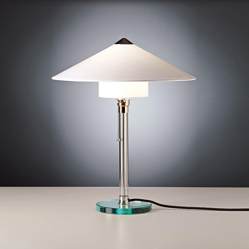 Wagenfeld 27 Table Lamp Made of Nickel-Plated Metal, Glass Shaft Base,Cardboard Shade