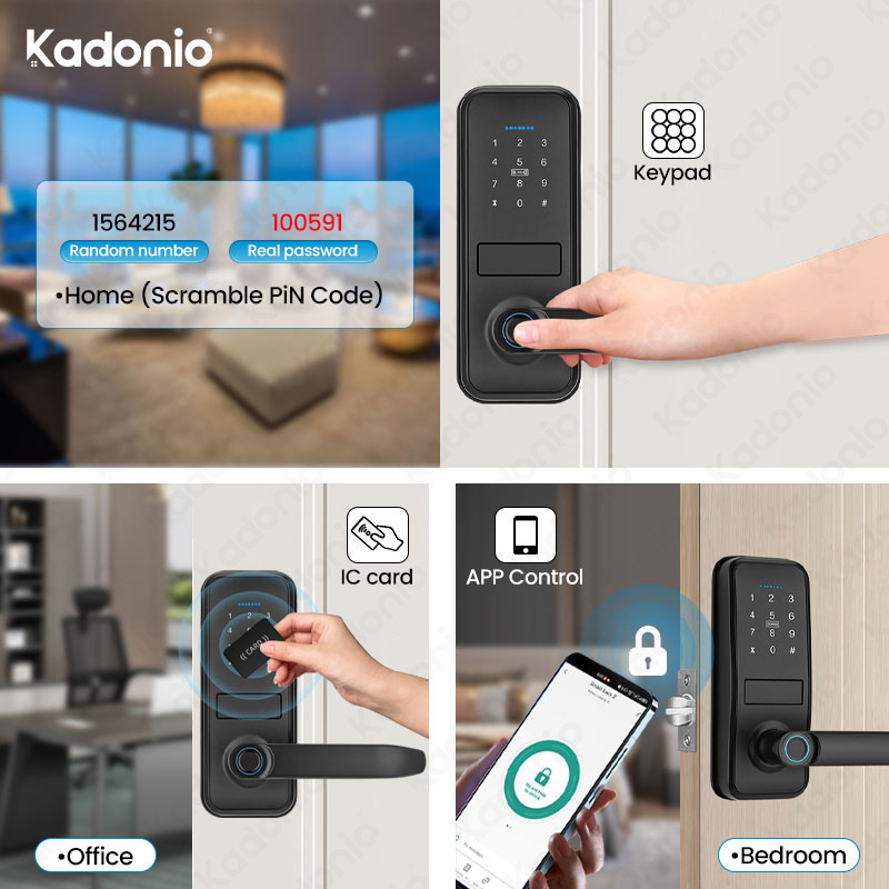 Kadonio Electric Biometric Keypad Key Tuya Smart APP Security Fingerprint Lock For Wooden Door