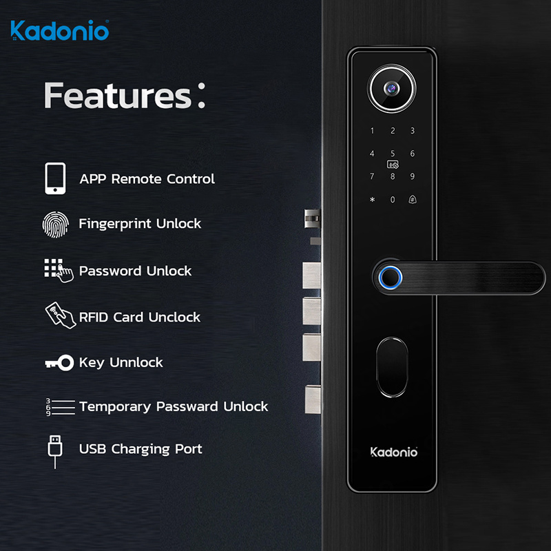 Kadonio Intelligent Safety Biometric Fingerprint Office Hotel Lock Keyless Deadbolt Digital Peephole Camera Smart Door Lock