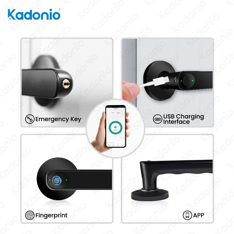 Kadonio Biometric Tuya BLE APP Fingerprint Sensor Keyless Smart Wood Door Handle Locks