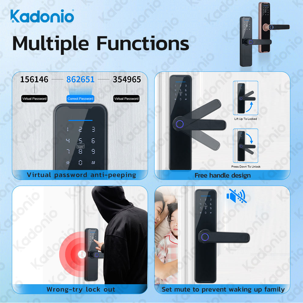 Kadonio Tuya Smart Biometric Digital Door Lock Keyless Deadbolt with Fingerprint Card and Key Entry WiFi Enabled Aluminum Alloy