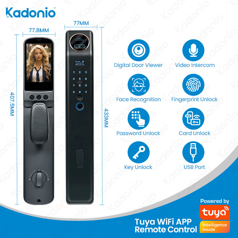 Kadonio Keyless Entry Tuya APP 6068 Mortise Master Lock Digital Keypad Security Smart Face Lock Door Wi-Fi For Home