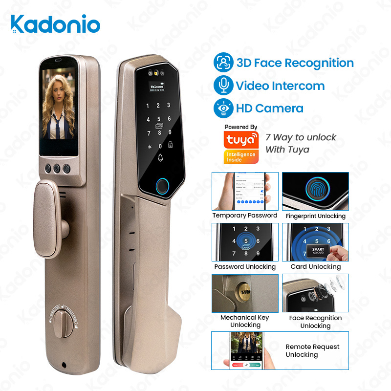 Kadonio Wholesale Smart Door Lock Facial Recognition Camera Fingerprint Door Bell Outdoor Steel Main Door Lock Password Key