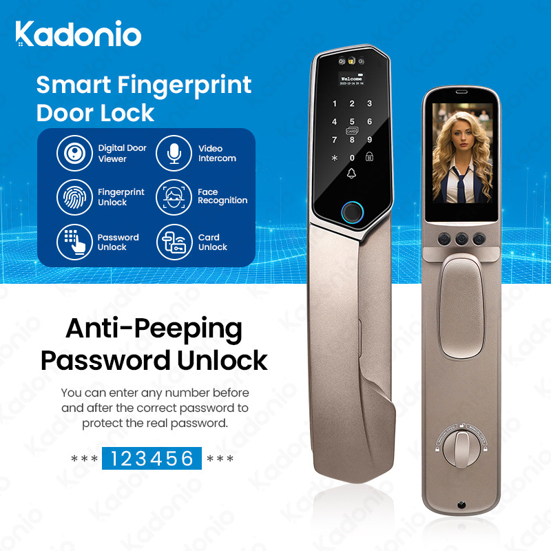 Kadonio Wholesale Smart Door Lock Facial Recognition Camera Fingerprint Door Bell Outdoor Steel Main Door Lock Password Key