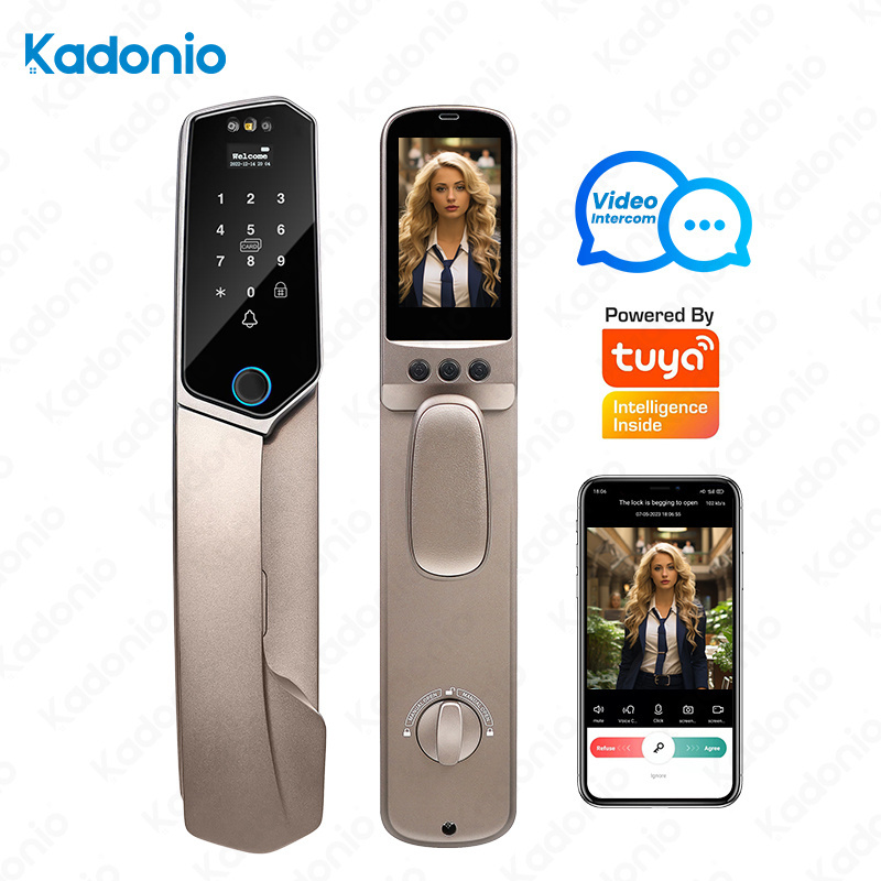 Kadonio Wholesale Smart Door Lock Facial Recognition Camera Fingerprint Door Bell Outdoor Steel Main Door Lock Password Key