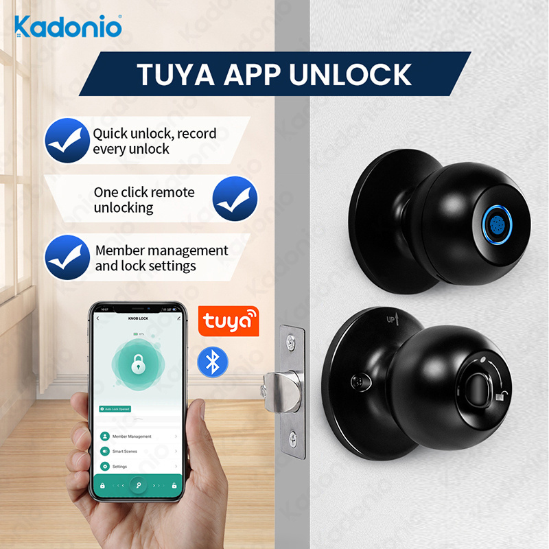 Kadonio Satin Nickel Door Handles And American Automatic Tuya Smart Interior Door Locks Knob Sets Fingerprint