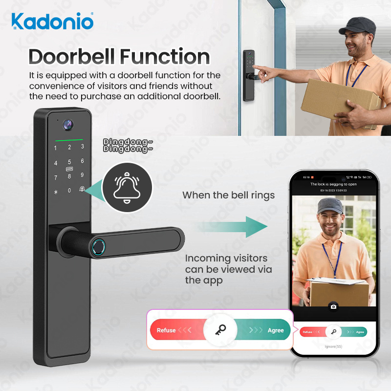 Kadonio Biometric 3D Visual Cat Eye Tuya Digital Smart Deadbolt Door Lock Fingerprint With Camera