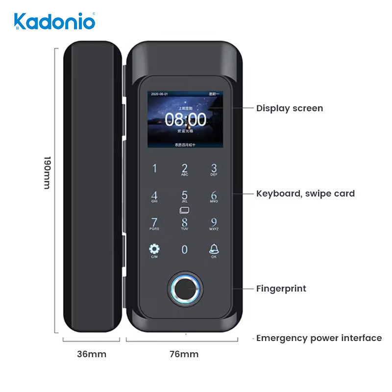 Kadonio Competitive Price Modern Biometric Digital Smart Double Hook Sliding Frameless Glass Door Locks