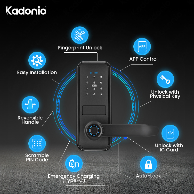 Kadonio Electric Biometric Keypad Key Tuya Smart APP Security Fingerprint Lock For Wooden Door