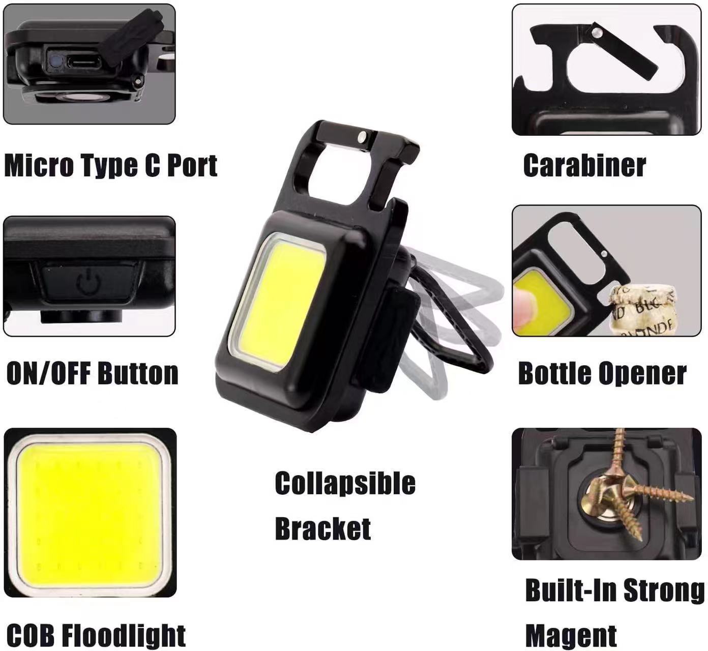 Cob Work Light With Magnet Rechargeable Portable Pocket Square Shaped Aluminium 1000 Lumens Bright COB Keychain Flashlight