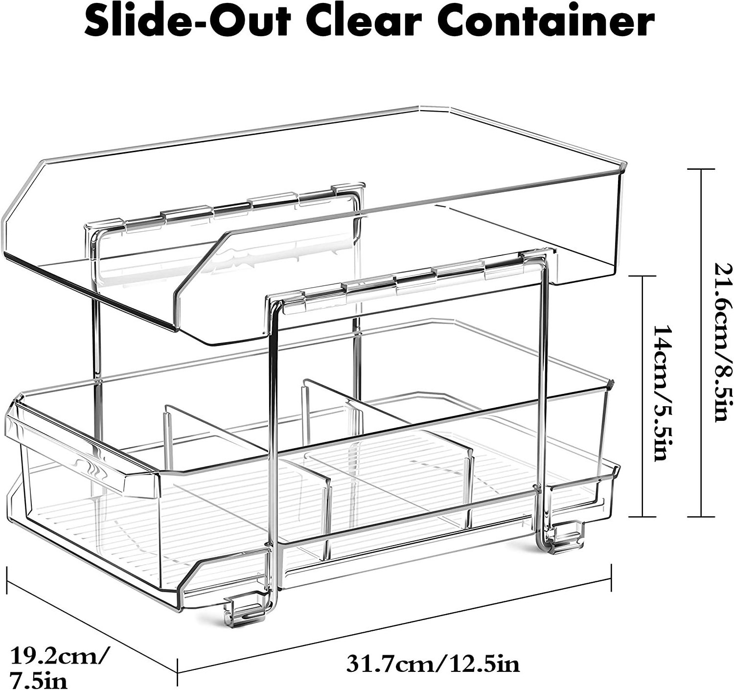 2-Tier Clear Organizer with Dividers Multi-Purpose Slide-Out Storage Container Bathroom Under Sink Organizer Kitchen Fridge Bins