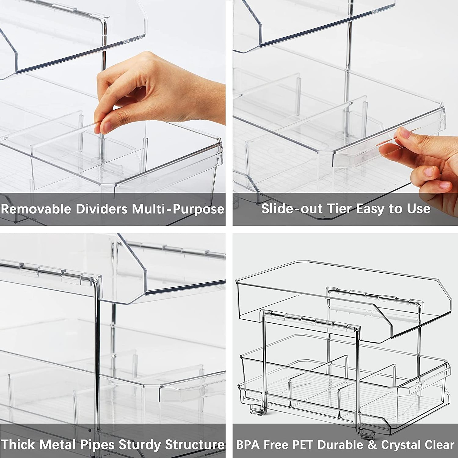 2-Tier Clear Organizer with Dividers Multi-Purpose Slide-Out Storage Container Bathroom Under Sink Organizer Kitchen Fridge Bins