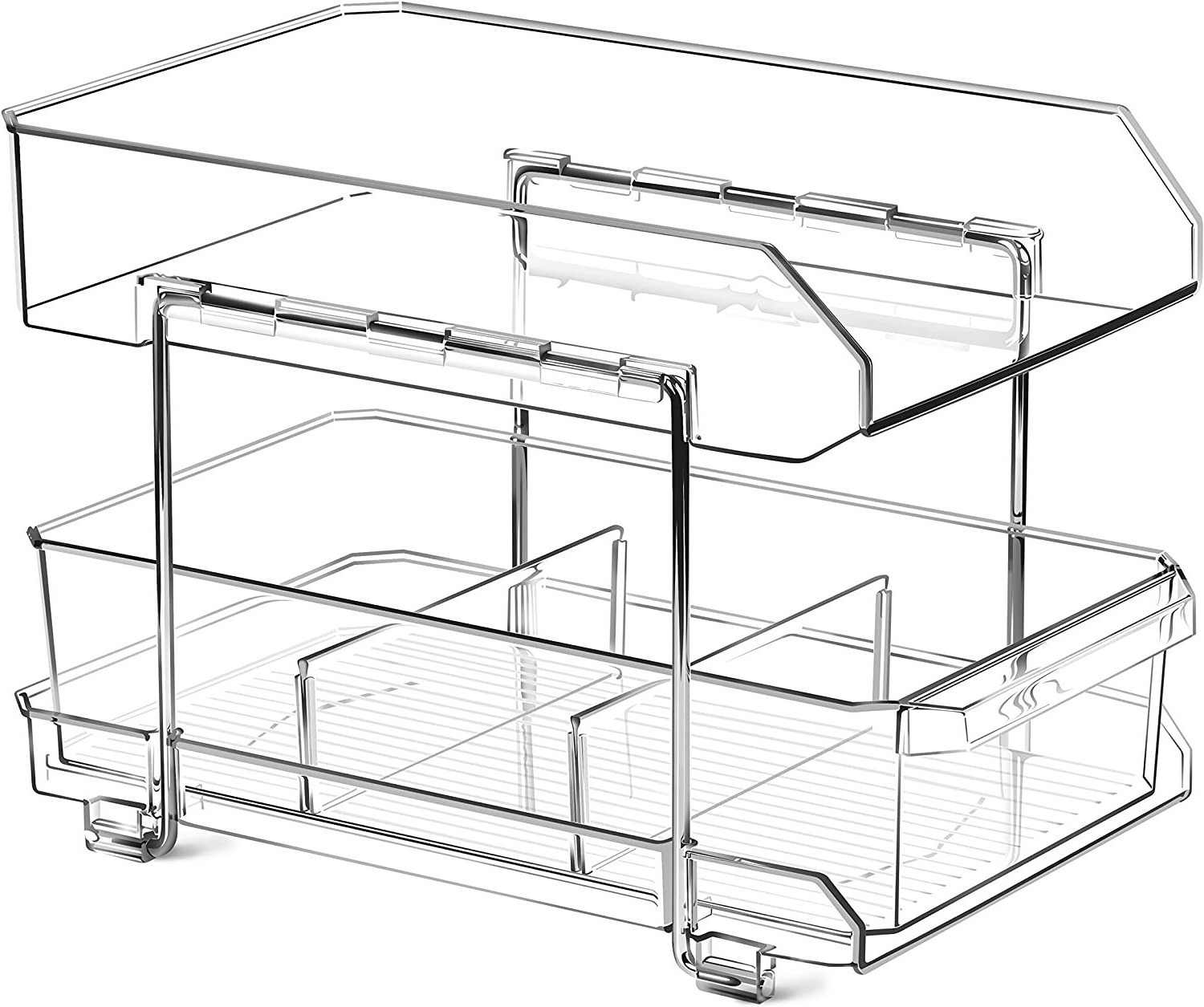 2-Tier Clear Organizer with Dividers Multi-Purpose Slide-Out Storage Container Bathroom Under Sink Organizer Kitchen Fridge Bins