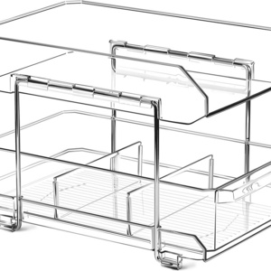 2-Tier Clear Organizer with Dividers Multi-Purpose Slide-Out Storage Container Bathroom Under Sink Organizer Kitchen Fridge Bins