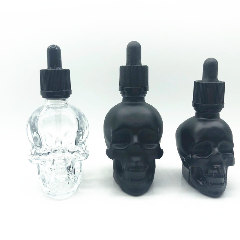 Frosted Skull Glass Essential Oil Bottle Transparent Hot Selling 30ml 60ml 120ml Skull Dropper Bottle, Black Perfume Cosmetic