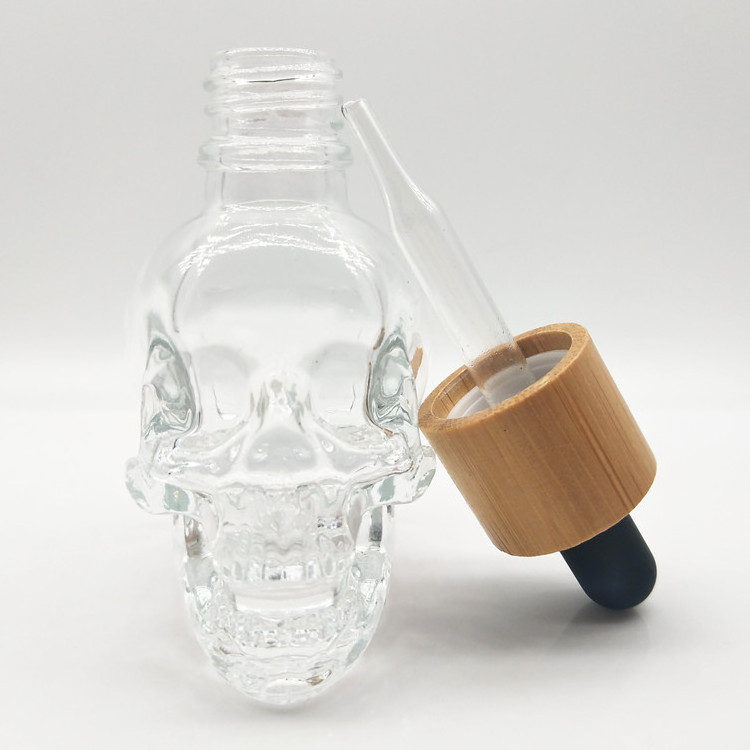 Frosted Skull Glass Essential Oil Bottle Transparent Hot Selling 30ml 60ml 120ml Skull Dropper Bottle, Black Perfume Cosmetic