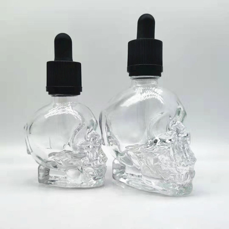 Frosted Skull Glass Essential Oil Bottle Transparent Hot Selling 30ml 60ml 120ml Skull Dropper Bottle, Black Perfume Cosmetic