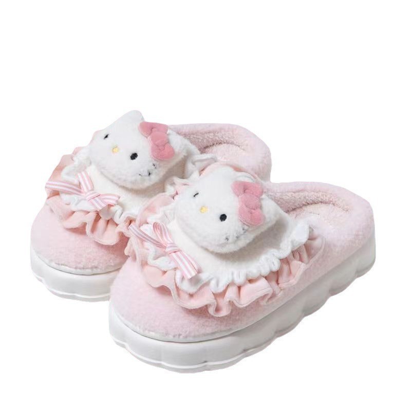 Botu Cute Kuromi Melody House Non-slip Thick Soles Soft Plush Warm My melody Kitty Winter Slippers Hk For Women