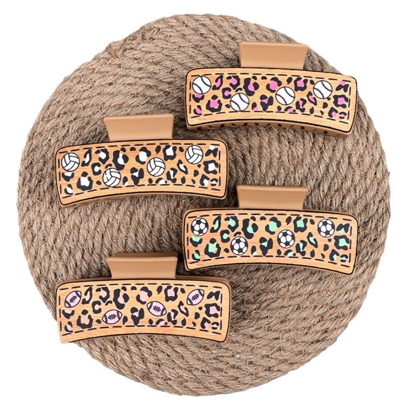 New Retro Personalized Sports Ball Wooden Leopard Pattern PU Leather Shark Hair Clip For Women