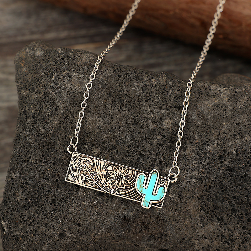 New 2024 Silver Bar Pendant Cross Cactus Boot Western Turquoise Stone Necklace For Cowgirls