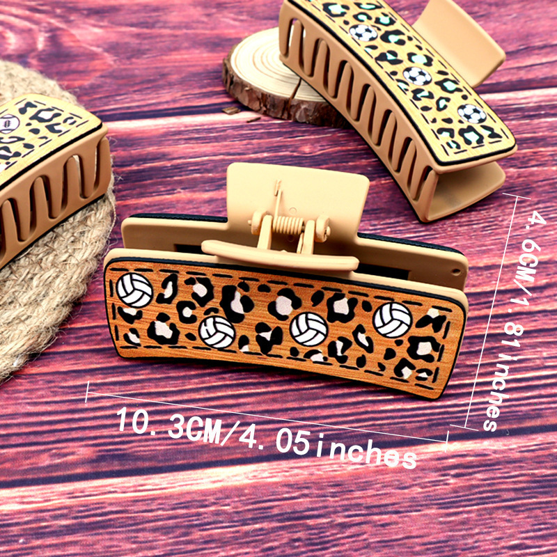 New Retro Personalized Sports Ball Wooden Leopard Pattern PU Leather Shark Hair Clip For Women