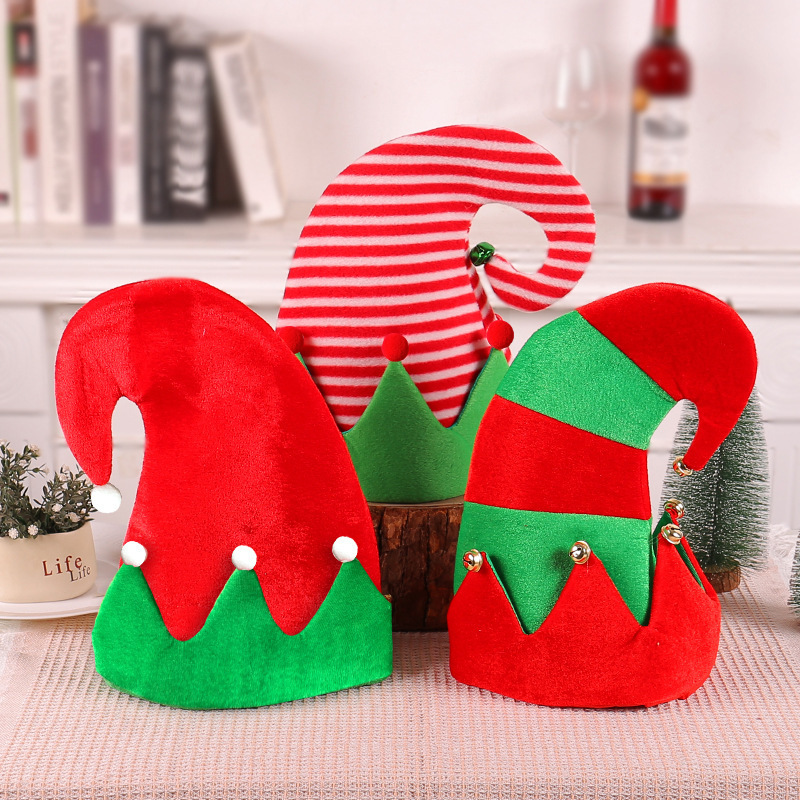 2024 Cute Elf Hat With Bell Red and Green Striped Hat Christmas Party Decorations Holiday Party Headwear Kids Christmas Hat