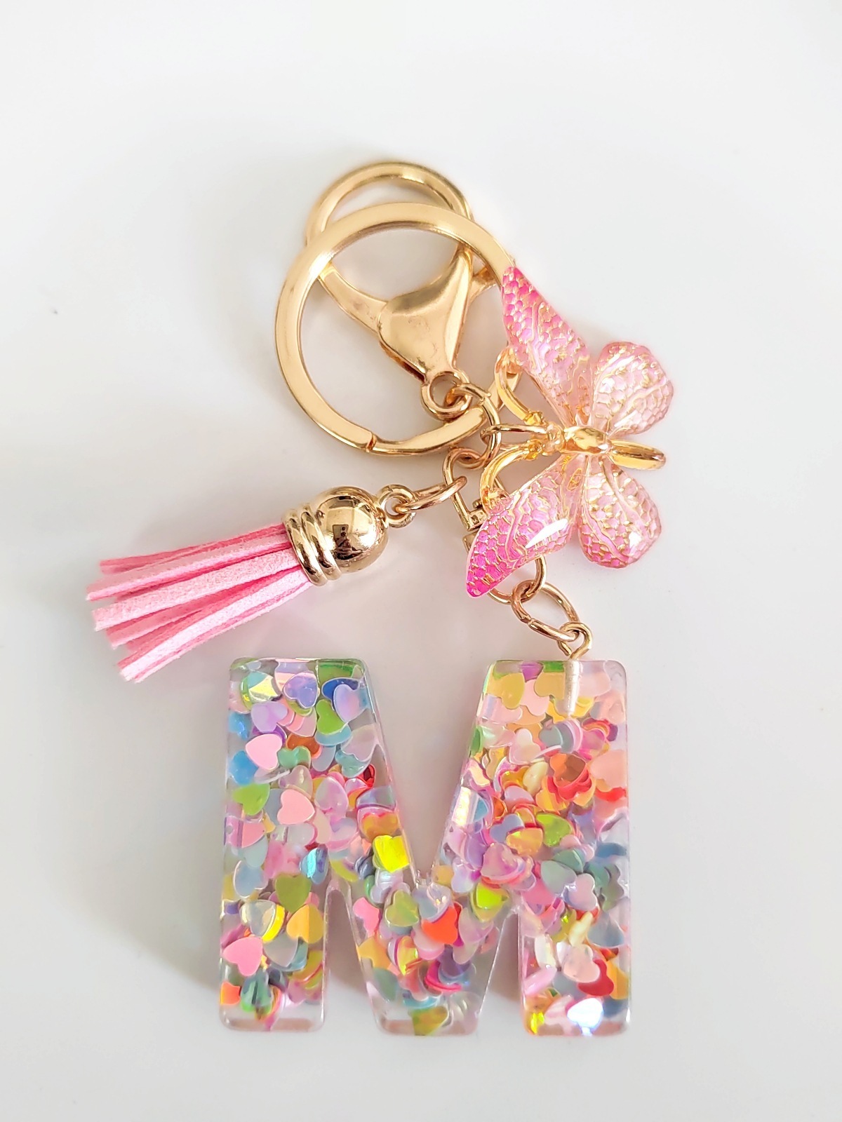 Cross-border Resin Colorful Heart 26 Letter Keyring Alphabet Keychain with Butterfly Charm and Tassel