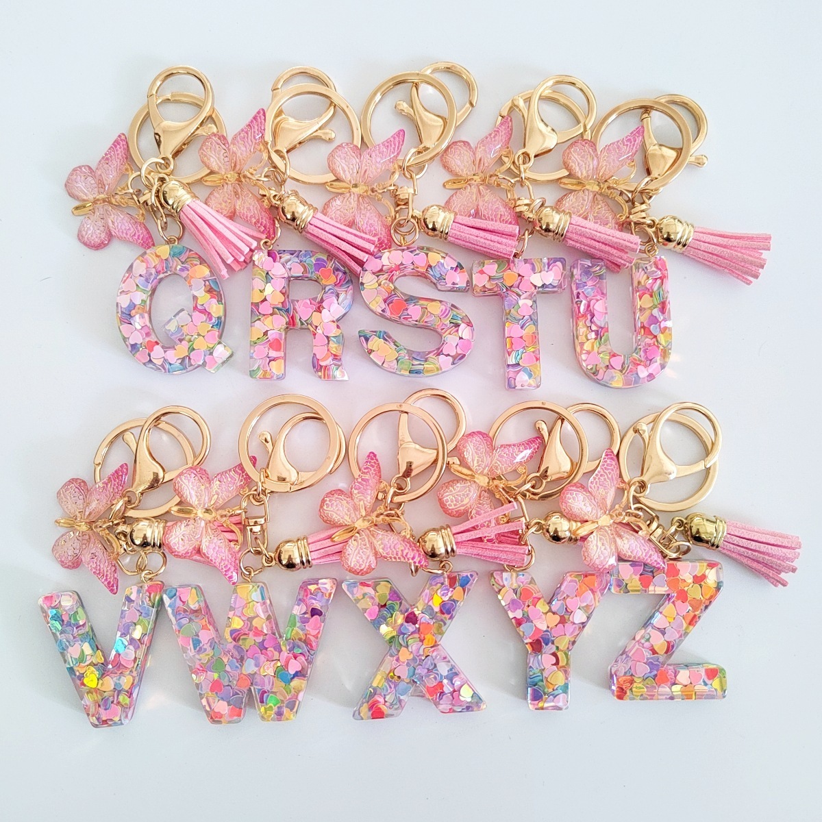 Cross-border Resin Colorful Heart 26 Letter Keyring Alphabet Keychain with Butterfly Charm and Tassel