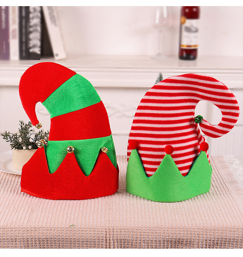 2024 Cute Elf Hat With Bell Red and Green Striped Hat Christmas Party Decorations Holiday Party Headwear Kids Christmas Hat