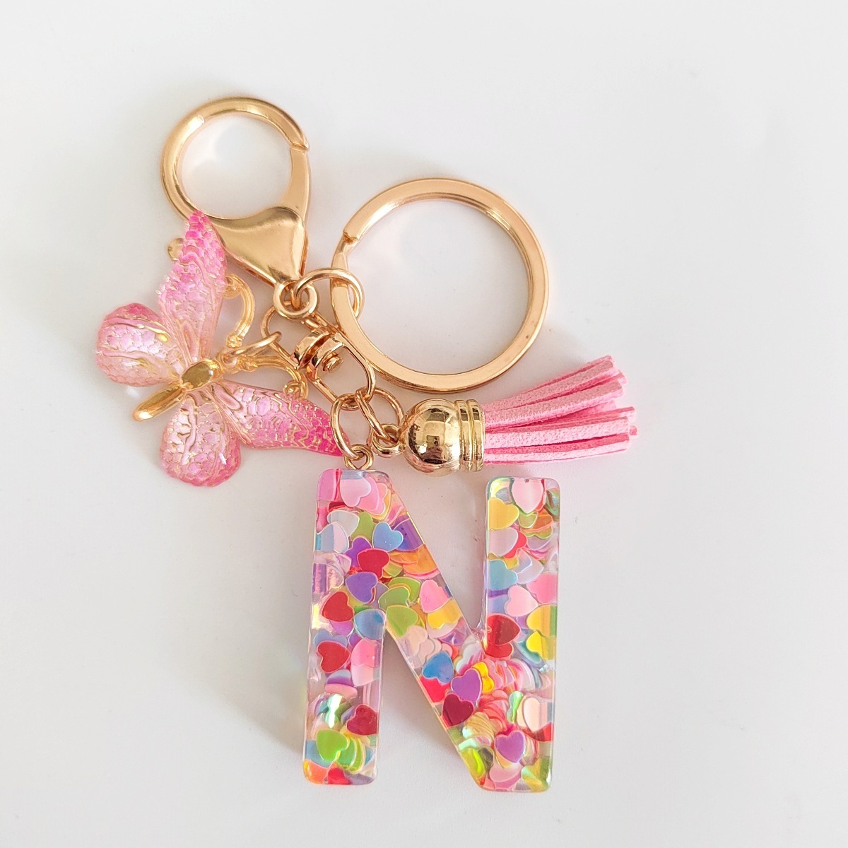 Cross-border Resin Colorful Heart 26 Letter Keyring Alphabet Keychain with Butterfly Charm and Tassel