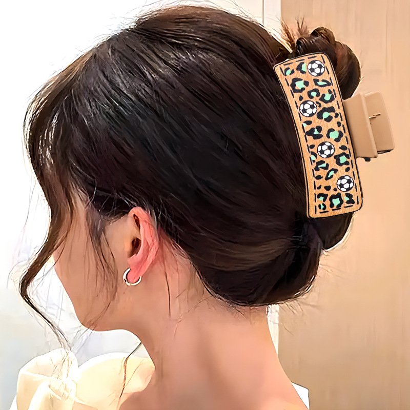 New Retro Personalized Sports Ball Wooden Leopard Pattern PU Leather Shark Hair Clip For Women