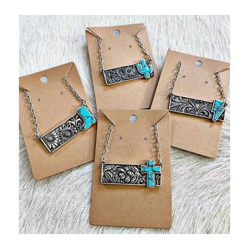 New 2024 Silver Bar Pendant Cross Cactus Boot Western Turquoise Stone Necklace For Cowgirls