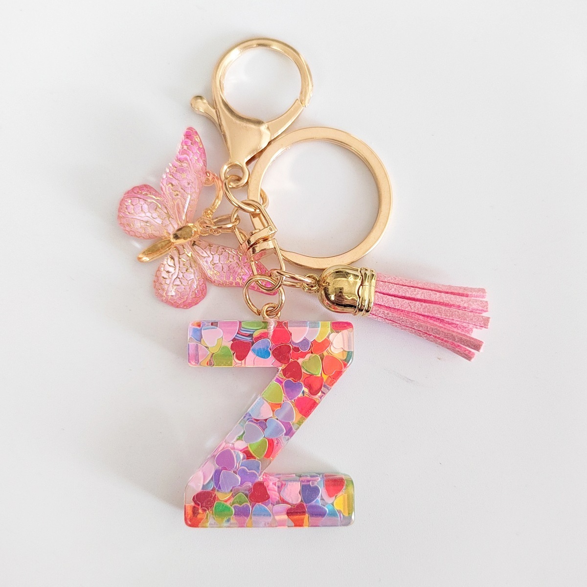 Cross-border Resin Colorful Heart 26 Letter Keyring Alphabet Keychain with Butterfly Charm and Tassel