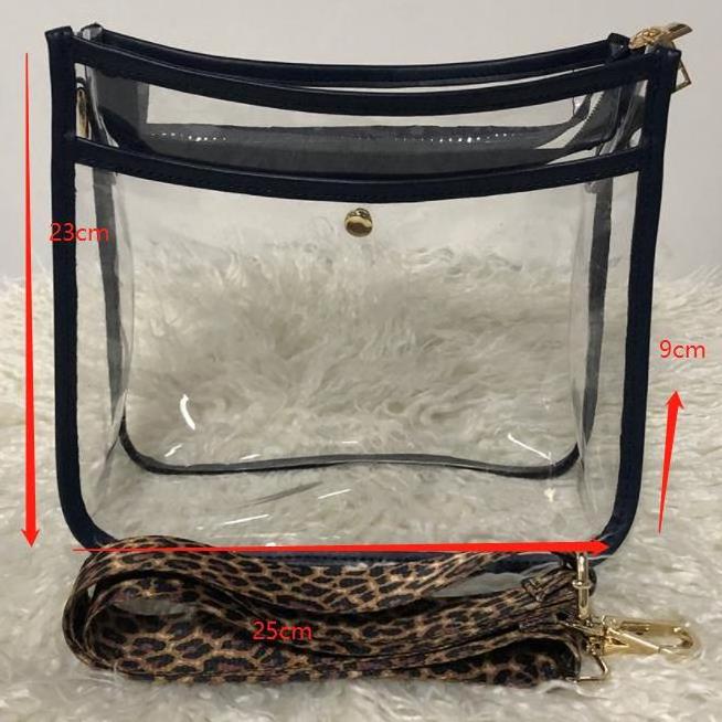 Hot Selling Clear PVC Stadium Approved Purse With Leopard Strap with Zipper Top Travel Bag Transparent PVC Crossbody Bag