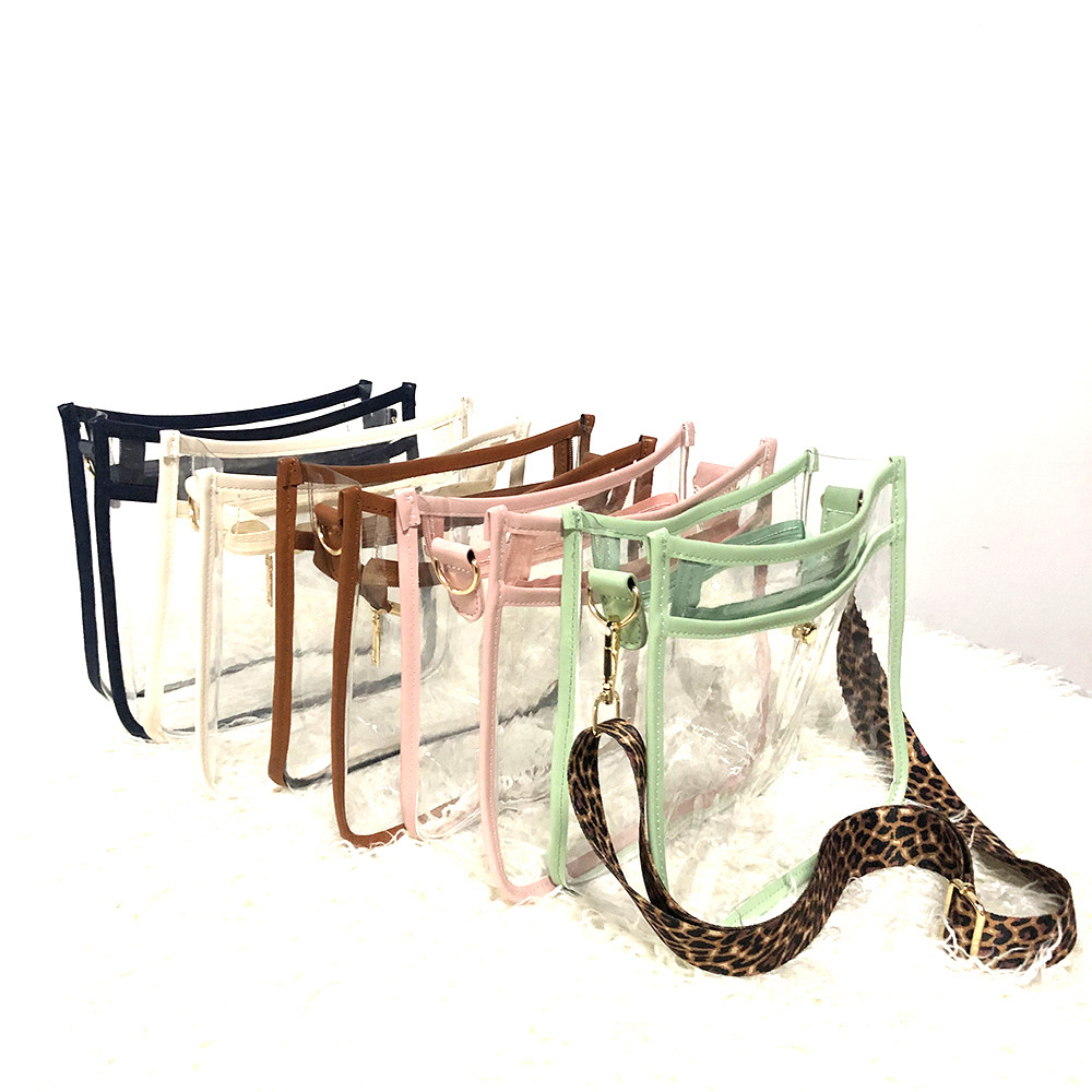 Hot Selling Clear PVC Stadium Approved Purse With Leopard Strap with Zipper Top Travel Bag Transparent PVC Crossbody Bag