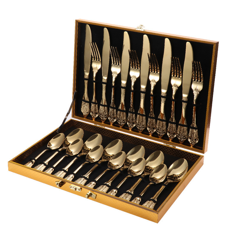 Luxury Royal Wedding Mirror Polish 18/10 Stainless Steel tableware 24 Pieces Gold Flatware sets