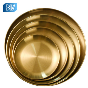 Gold Matte Food Plate Round Rolled Edge Korea Style Stainless Steel Plates Dishes