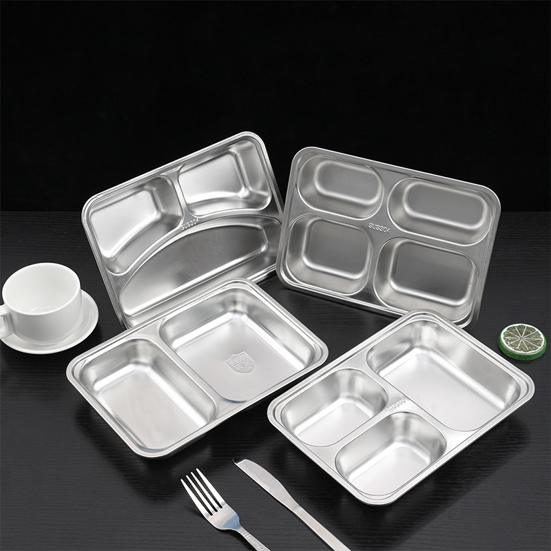 Rectangle Rolled Edge Food Plate 3/4/5 Compartments Divided Stainless Steel Plates Dishes