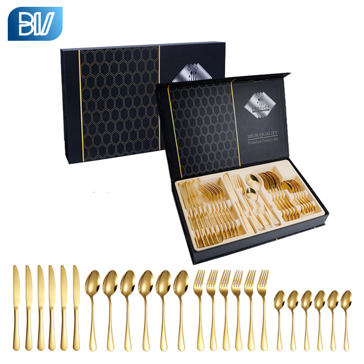 wholesale Luxury Custom Stainless Steel Flatware  Wedding Restaurant Plated Gold 24 PCS Cutlery Set