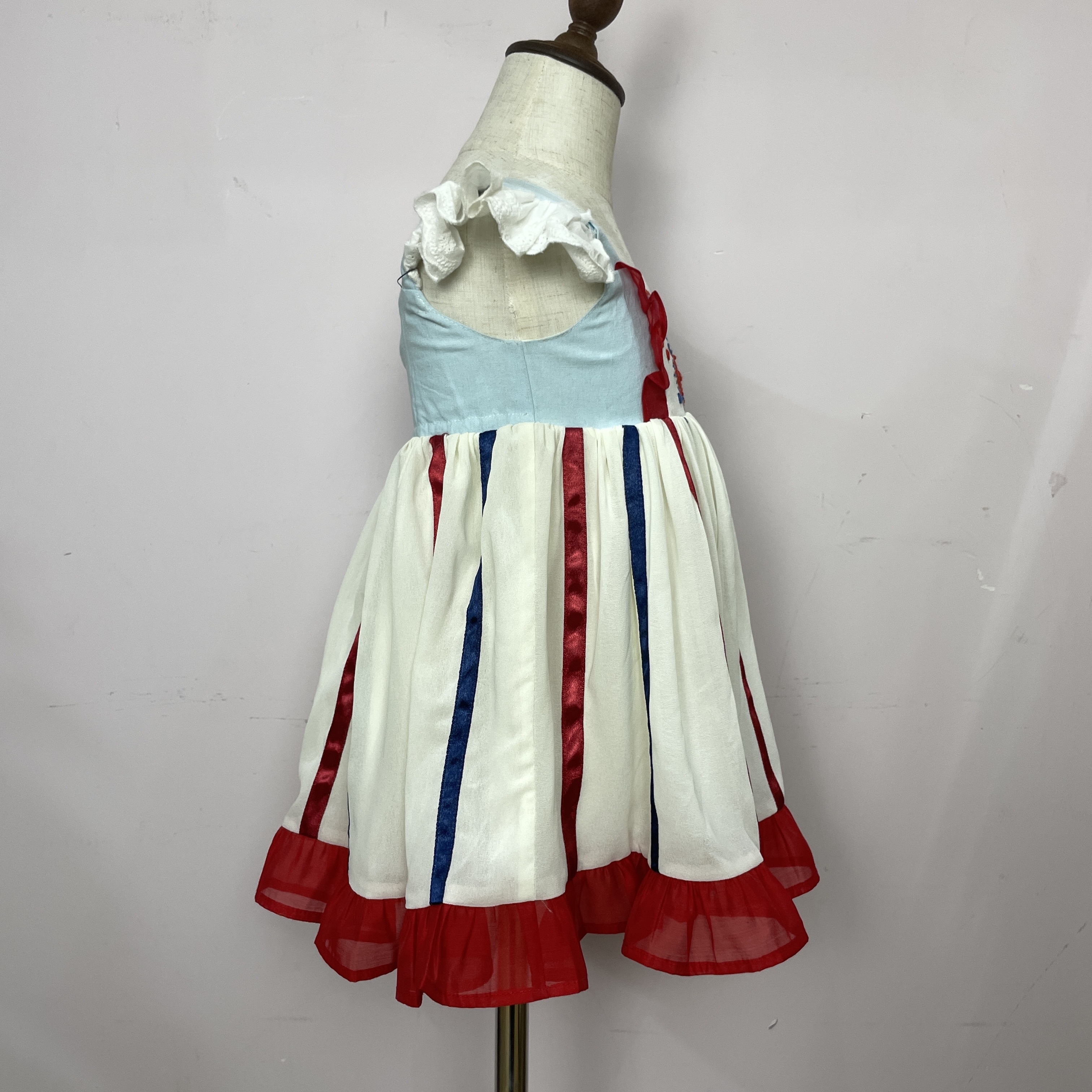 JannyBB girls dresses 2-12 children clothing hand firework embroidery kids dress little girls red and blue stripe dress