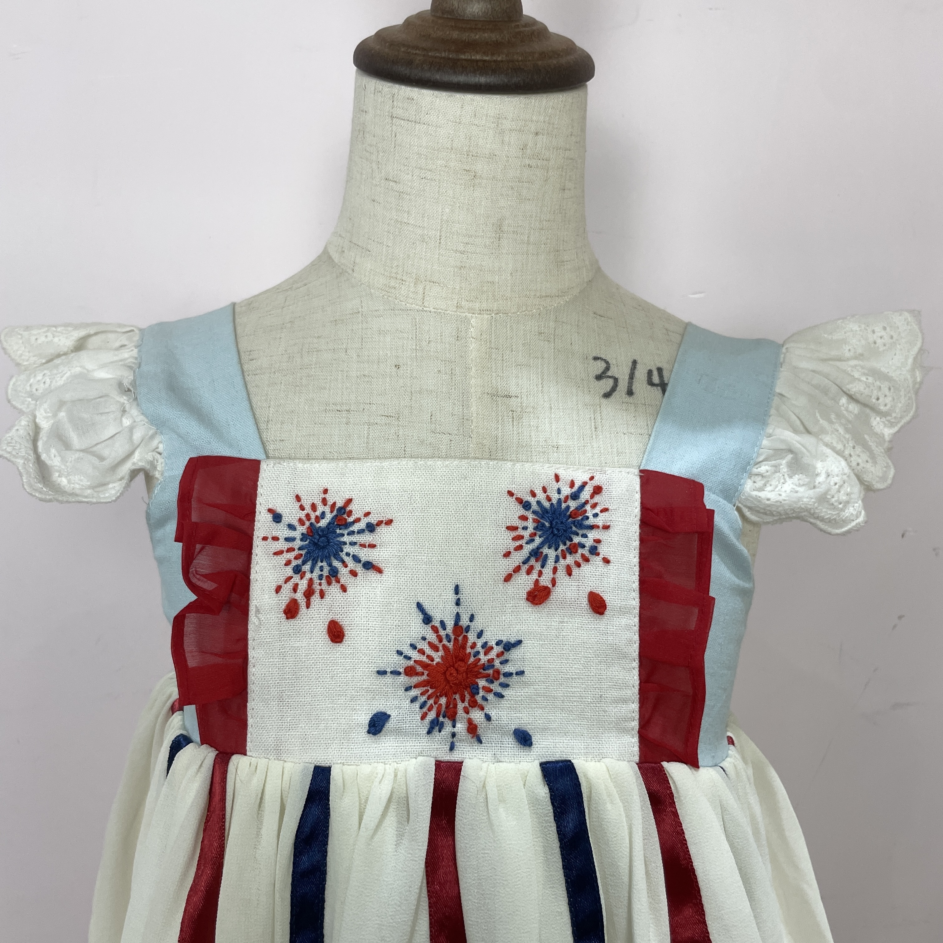 JannyBB girls dresses 2-12 children clothing hand firework embroidery kids dress little girls red and blue stripe dress