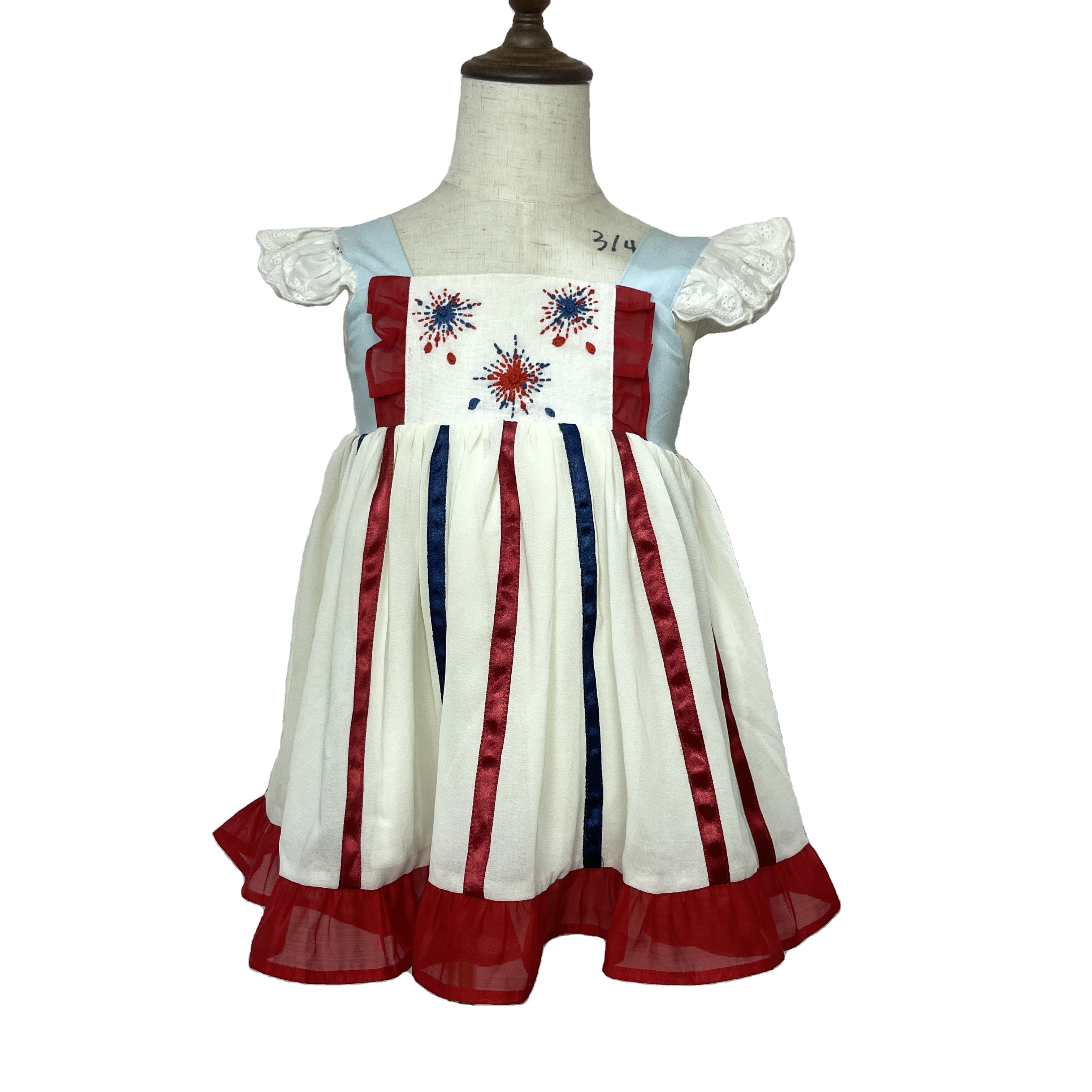 JannyBB girls dresses 2-12 children clothing hand firework embroidery kids dress little girls red and blue stripe dress