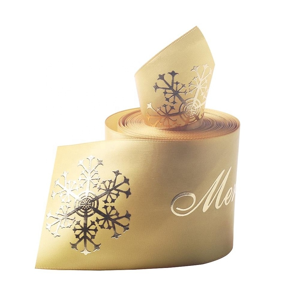 MSD Custom gold foil 3d embossed printed gift polyester satin ribbon with logo Gift Packaging Ribbon Embossed logo ribbon