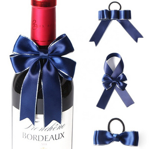 MSD Customized Bottles Gift Decoration Handmade Satin Grosgrain Ribbon Bow with Elastic Band Loop For Neck Bottle Wrapping