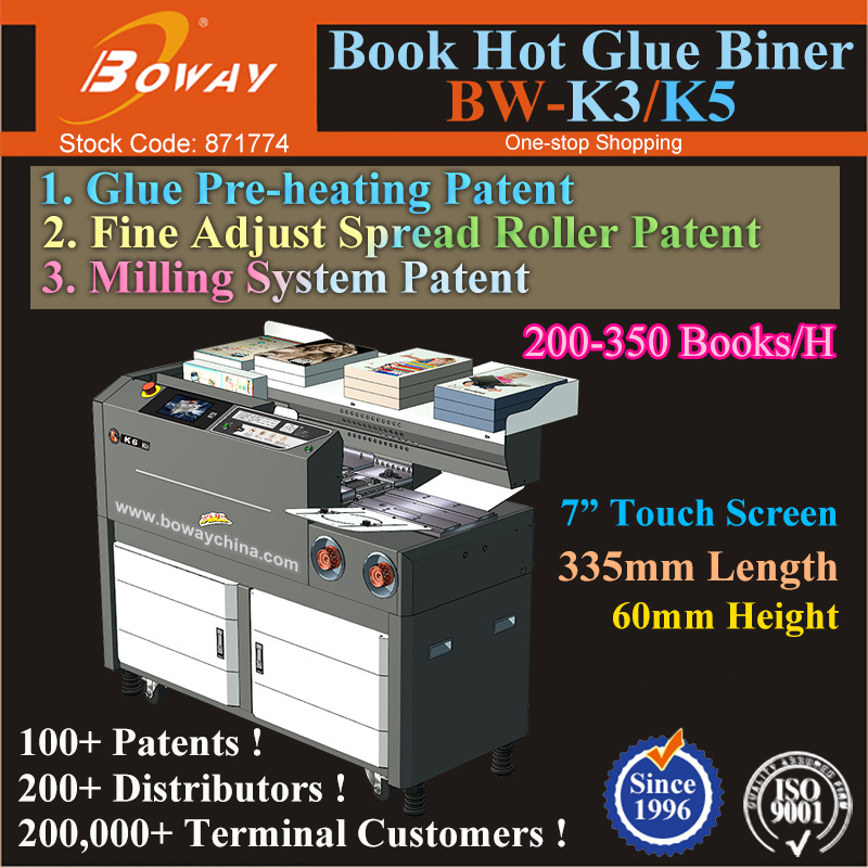 200-350 Books/Hour K3 K5 BOWAY 335mm L 60mm H Hot Heated Gule 7 inch Touch Screen Book Binder Binding Bind Machine